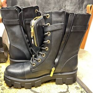 Cape Robbin Black Punk Goth Combat Boots with Gold Zippers and Gem Wallet Bags